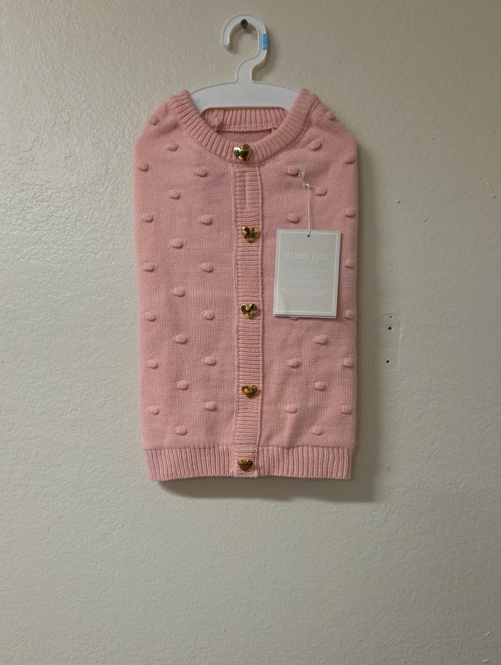 Shabby Chic Boutiqueโ Pink Bobble-Knit Dog Cardigan with Gold Heart Buttons